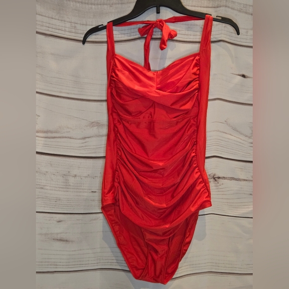 Red Tummy Control Halter One-Piece Swimsuit NWT Size XL - Picture 3 of 6